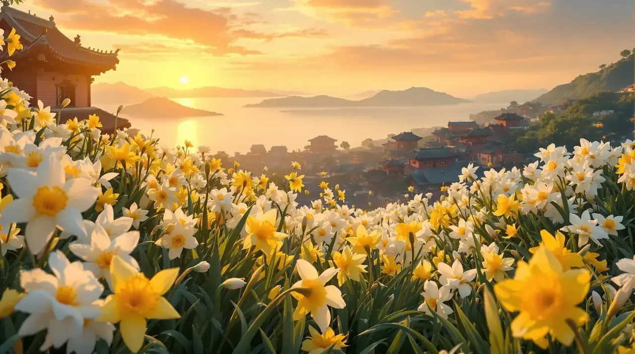 a片网站主题背景——水仙白黄花海与闽南红砖古厝、台海晨雾